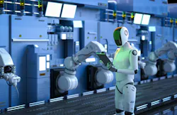 Automation factory concept with 3d rendering humanoid robot working with robot assembly line in factory Automation factory concept with 3d rendering humanoid robot working with robot assembly line in factory