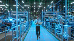 Engineer With Laptop Activates Autonomous EV Factory Digitization. Visualization Shows Robotic Arms, Assembly Line, Digital Twin Lines of Data, Computer Vision Transformation Manufacturing Technology Engineer With Laptop Activates Autonomous EV Factory Digitization. Visualization Shows Robotic Arms, Assembly Line, Digital Twin Lines of Data, Computer Vision Transformation Manufacturing Technology