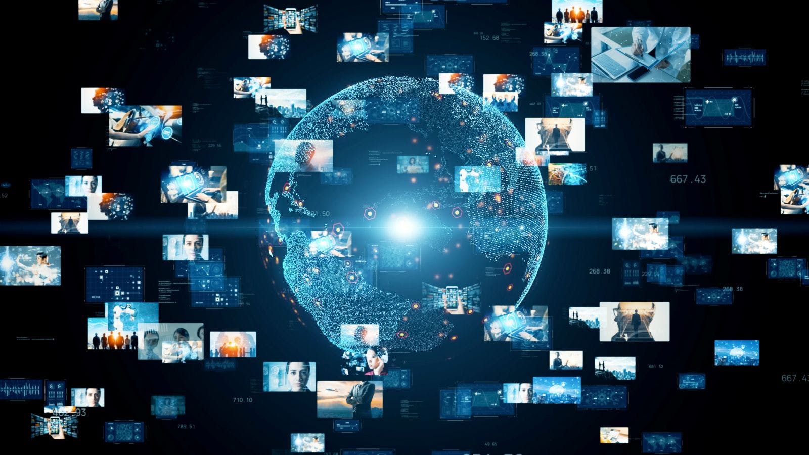 Global news concept with clips of events being broadcast around a globe