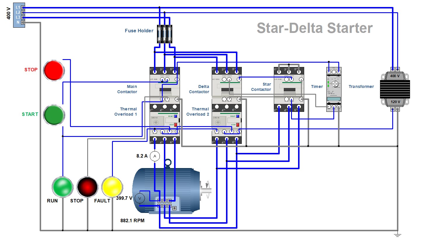 This is an example of a star-delta circuit simulated in Automation Studio. The motor is running.