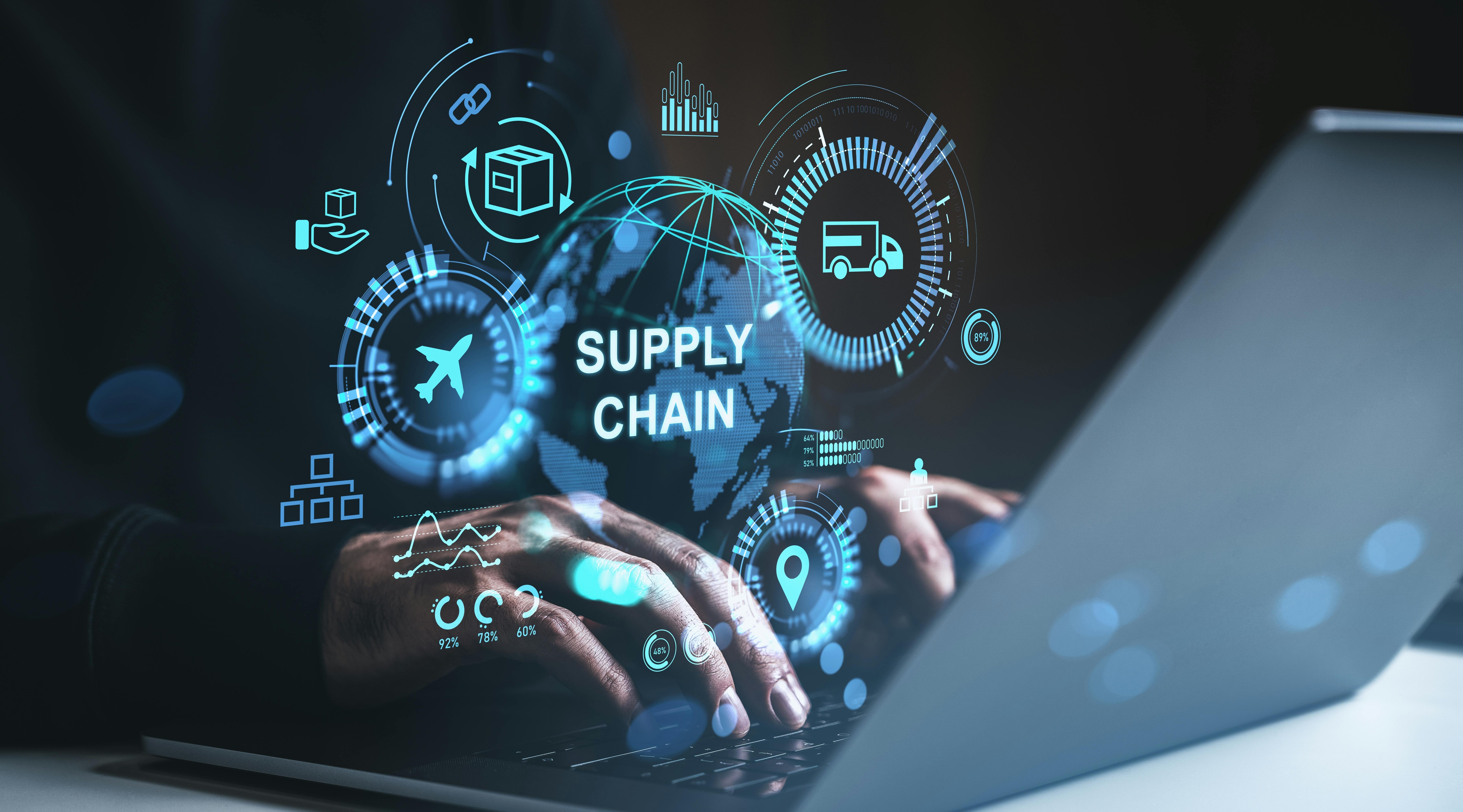 Hands typing on laptop with glowing hologram supply chain icons, futuristic graphic style, dark background, concept of global logistics technology