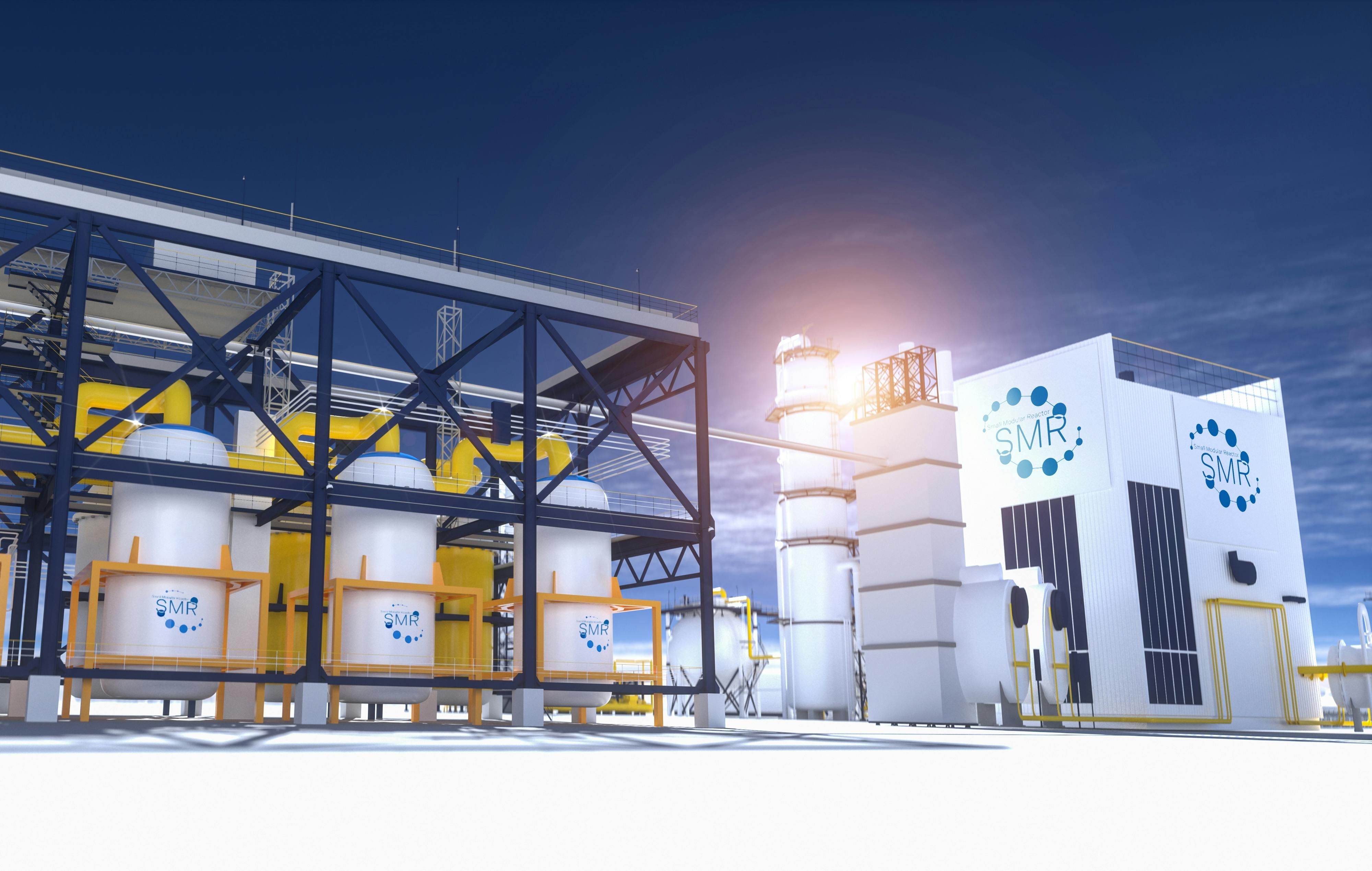 concept of a SMR small modular nuclear reactor power plant on a sunny day. SMR is a future energy concept. 3d rendering.
