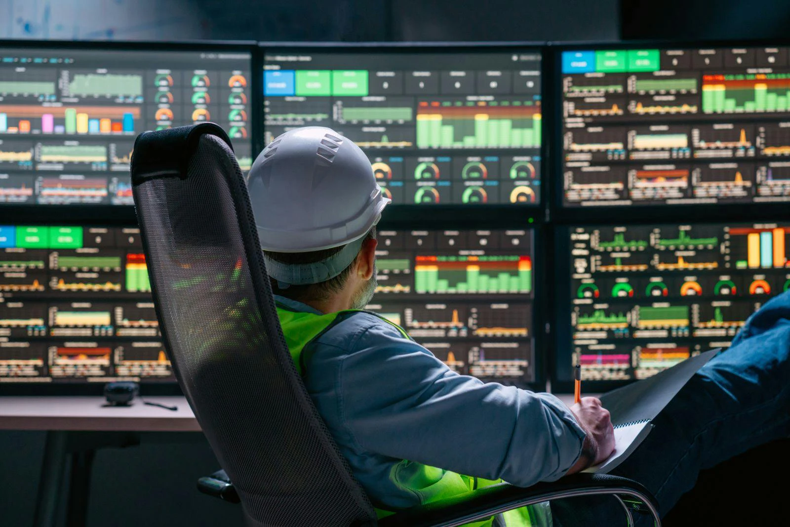 Head engineer following the factory process using Industry 4.0. Facility operator control production uses computer screens with SCADA system