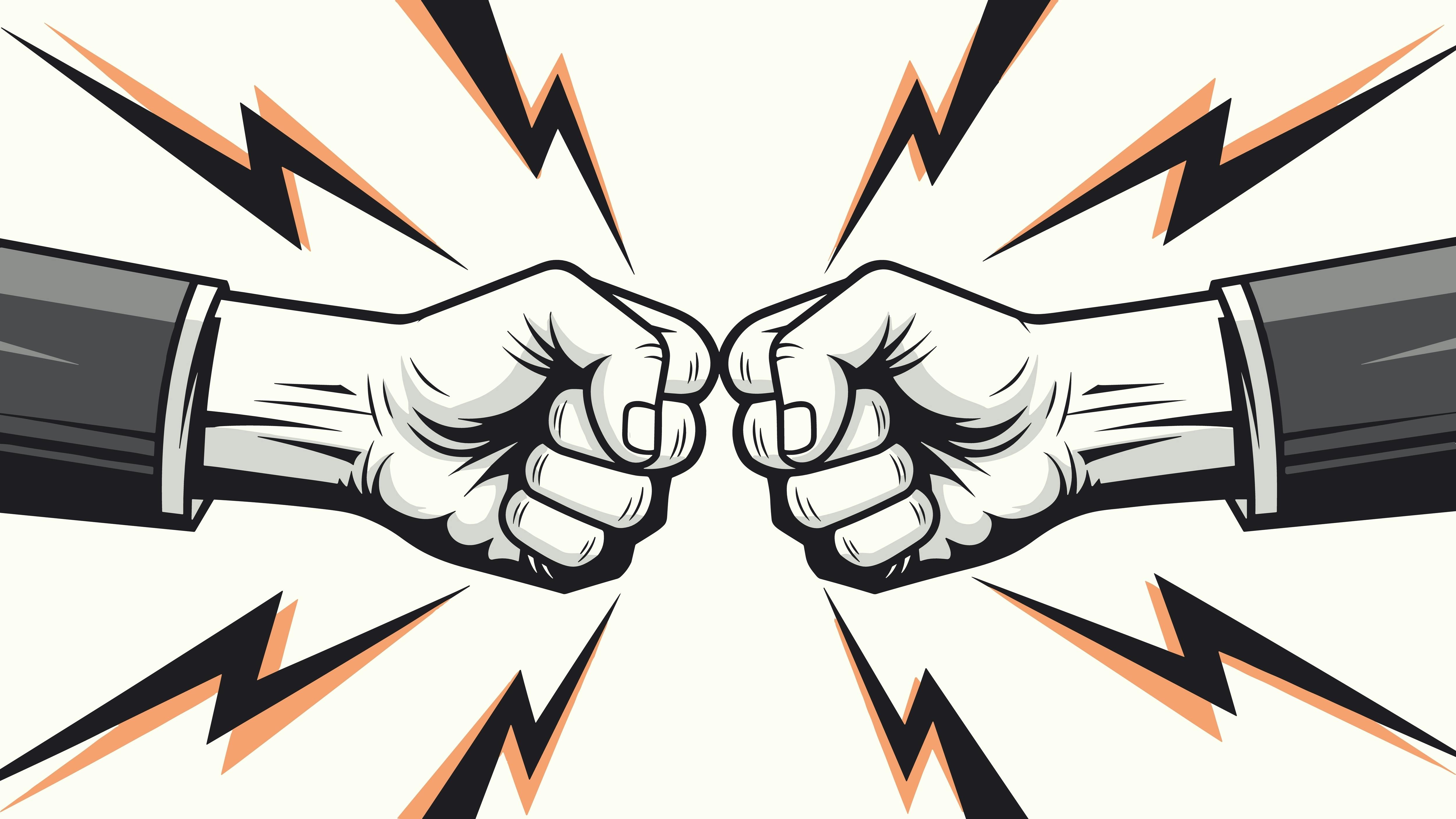 Two hands in business suits performing a fist bump are shown with orange lightning bolts, symbolizing a successful deal and collaboration.