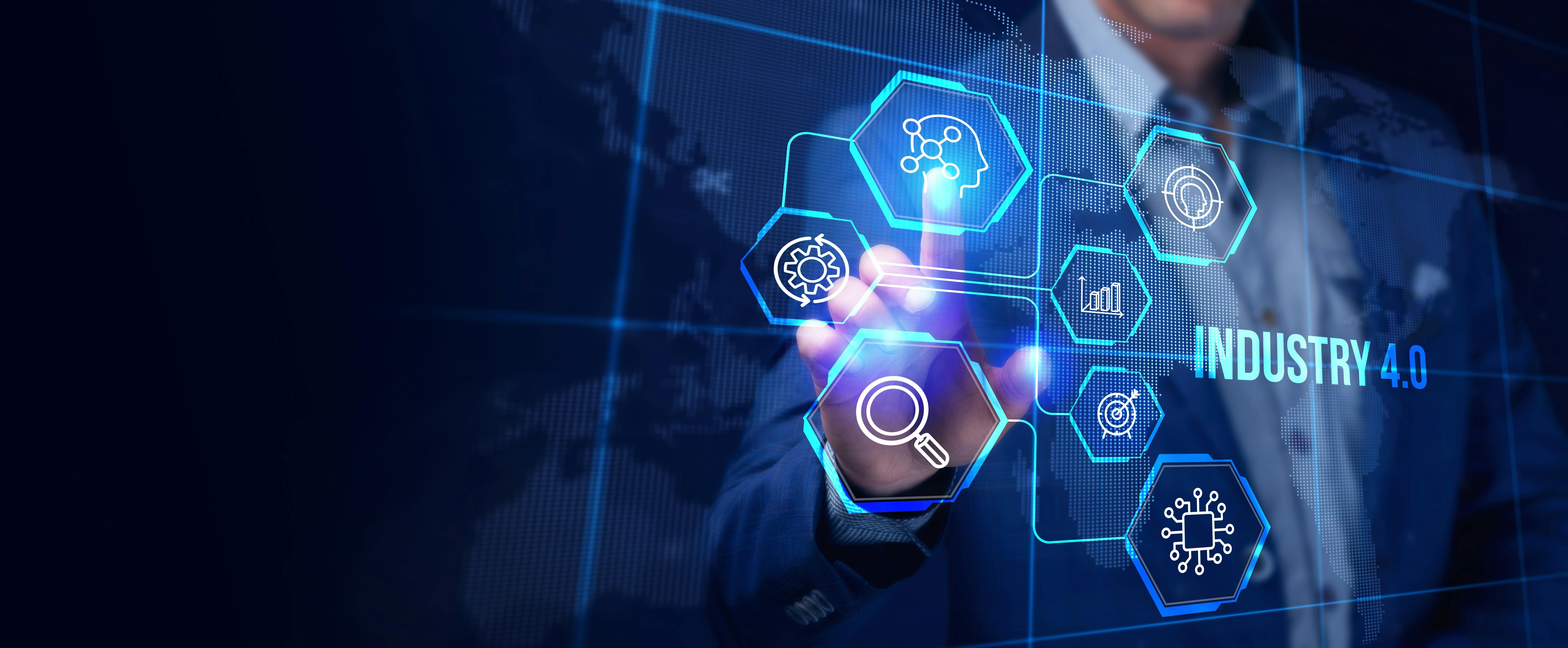 Industry 4.0 Cloud computing, physical systems, IOT, cognitive computing industry concept on a blue background