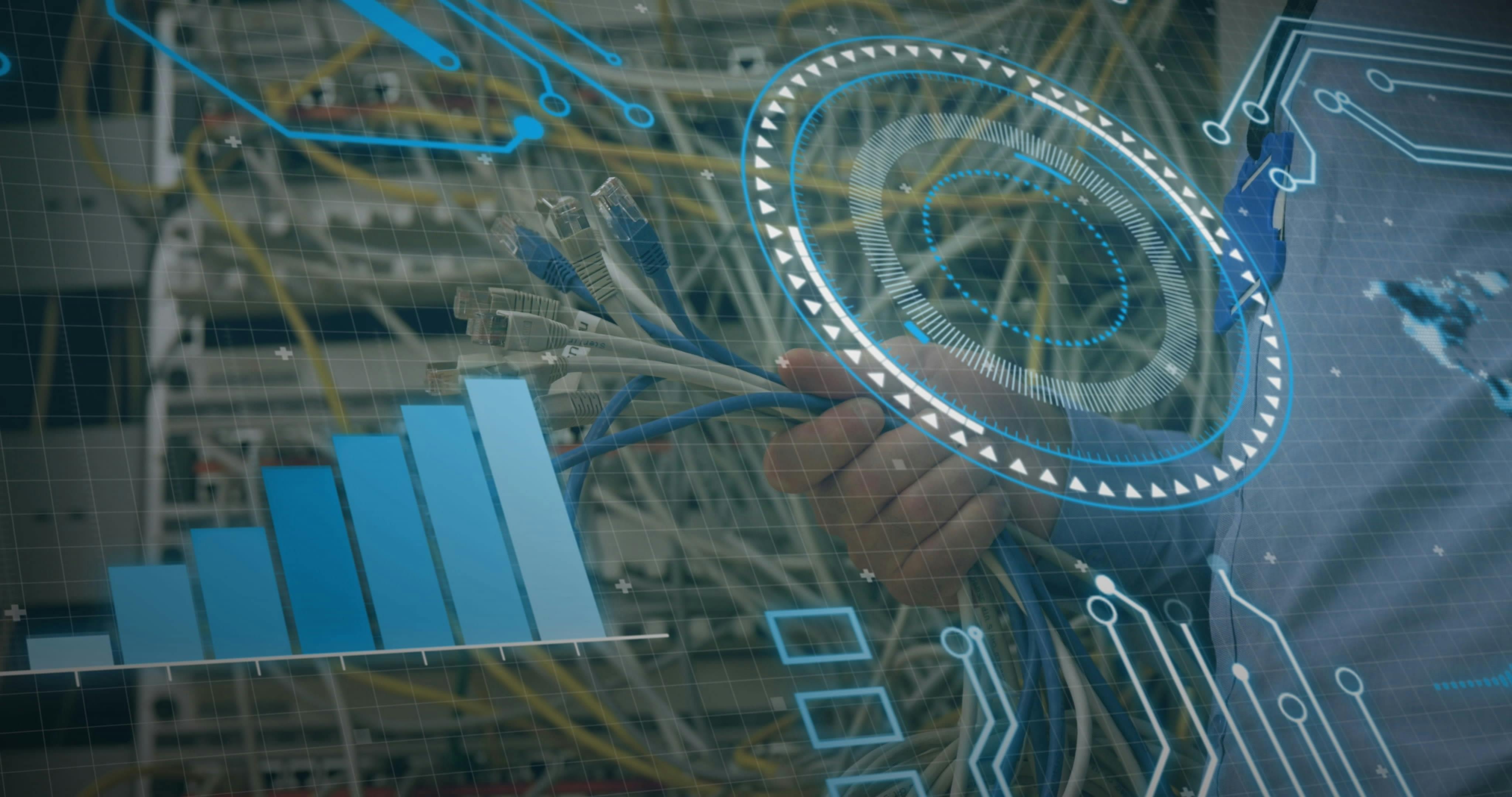 Grasping hand connecting Ethernet cables to patch panel ports at data center, with digital overlays. Technology, infrastructure, connectivity, data, industrial, digital, networking