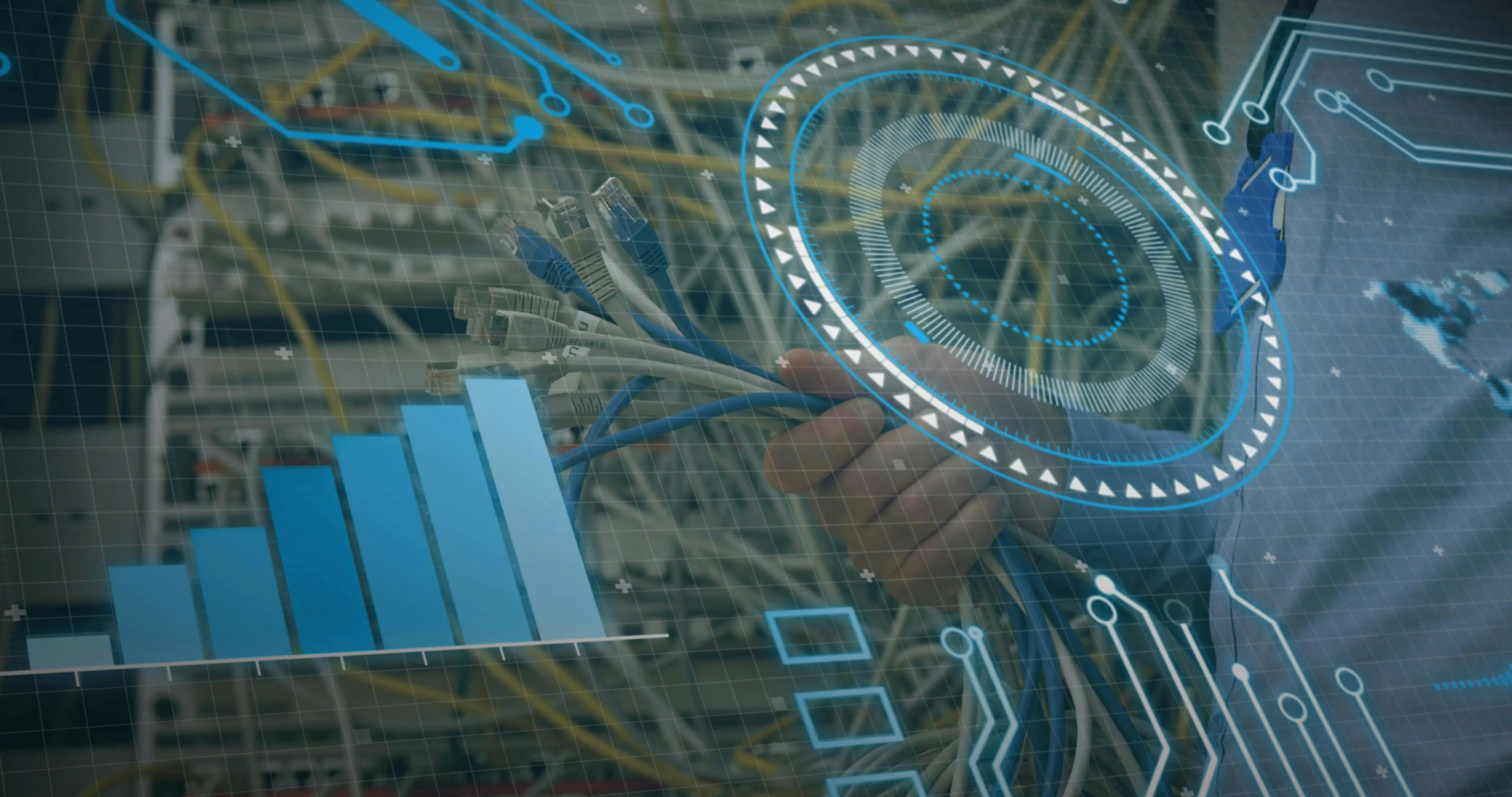 Grasping hand connecting Ethernet cables to patch panel ports at data center, with digital overlays. Technology, infrastructure, connectivity, data, industrial, digital, networking
