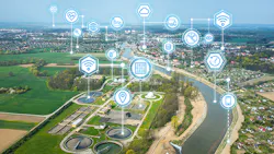 Image of water treatment facility overlaid with Netilion Water Network Insights cloud icons Image of water treatment facility overlaid with Netilion Water Network Insights cloud icons