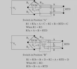 Figure 3: In four-wire RTD installations, the lead wire effects are eliminated and the correct reading becomes RTD = (R3a + R3b)/2 Figure 3: In four-wire RTD installations, the lead wire effects are eliminated and the correct reading becomes RTD = (R3a + R3b)/2