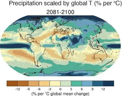 Figure 2: Color-coded zones show percent changes in precipitation expected due to a 1 °C global temperature increase. Zones with projected 6 - 12% increases in precipitation are increasingly dark blue, and zones with projected 3 - 12% decreases in precipitation are yellow to brown. Figure 2: Color-coded zones show percent changes in precipitation expected due to a 1 °C global temperature increase. Zones with projected 6 - 12% increases in precipitation are increasingly dark blue, and zones with projected 3 - 12% decreases in precipitation are yellow to brown.