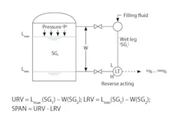 Figure 1: Wet-leg transmitter at an elevation that is the same as the bottom tap elevation of a closed tank. URV = Lmax (SG1) - W(SG2); LRV = Lmin(SG1) - W(SG2); SPAN = URV - LRV Figure 1: Wet-leg transmitter at an elevation that is the same as the bottom tap elevation of a closed tank. URV = Lmax (SG1) - W(SG2); LRV = Lmin(SG1) - W(SG2); SPAN = URV - LRV