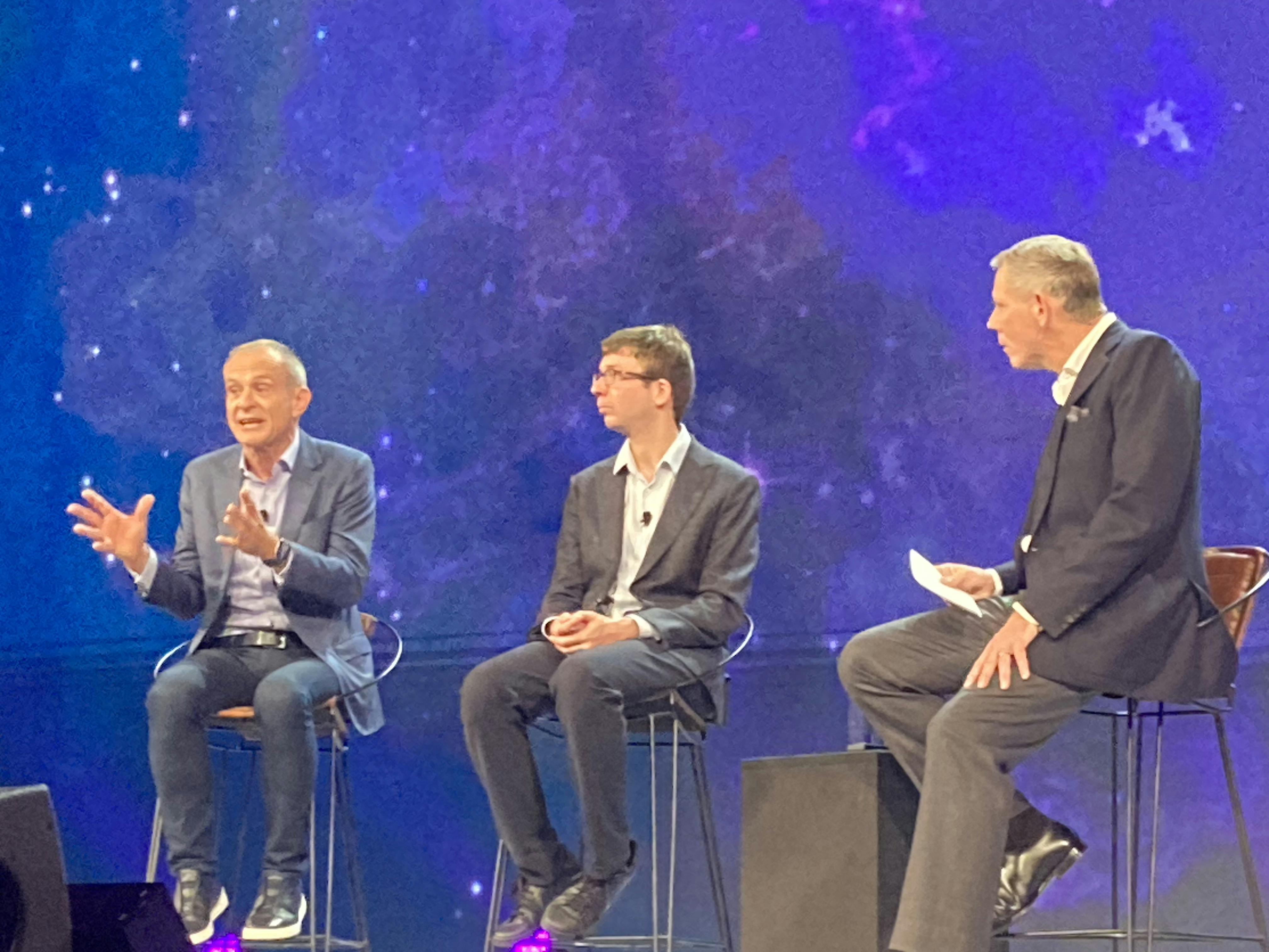 Jean-Pascal Tricoire, chairman of Schneider Electric; Mattei Zaharia, professor at University of California Berkley and CTO of Databricks; Caspar Herzberg, CEO at Aveva, compare notes on large-scale data analytics at Aveva World 2024 on Oct. 14-16 in Paris.
