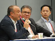 Gaetano Cantalupo, vice president of manufacturing, Lucid USA (left); Hugo Beltran, former associate chief engineer, Honda Development and Manufacturing of America (center); and Yin Yeh (right), executive director, Volta Foundation Gaetano Cantalupo, vice president of manufacturing, Lucid USA (left); Hugo Beltran, former associate chief engineer, Honda Development and Manufacturing of America (center); and Yin Yeh (right), executive director, Volta Foundation