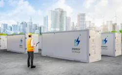 Engineer control energy storage system or battery container unit with cityscape background Engineer control energy storage system or battery container unit with cityscape background