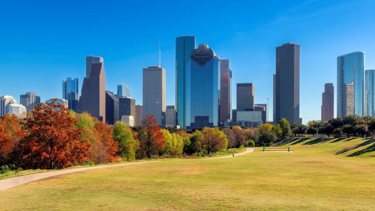 Panoramic view of Houston downtown skyline at sunny autumn day in Houston, Texas