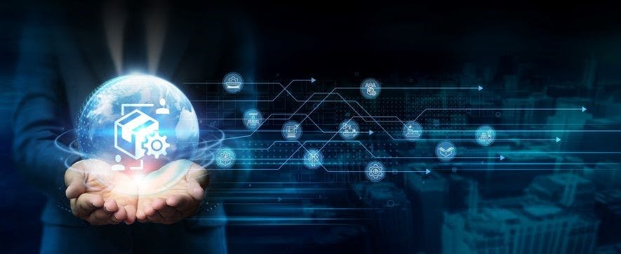 Businessman hold global supply chain management responsibilities with network connected to manufacturers and distributors