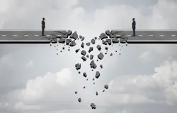 two businessmen on a road bridge that is breaking down and disconnecting two businessmen on a road bridge that is breaking down and disconnecting