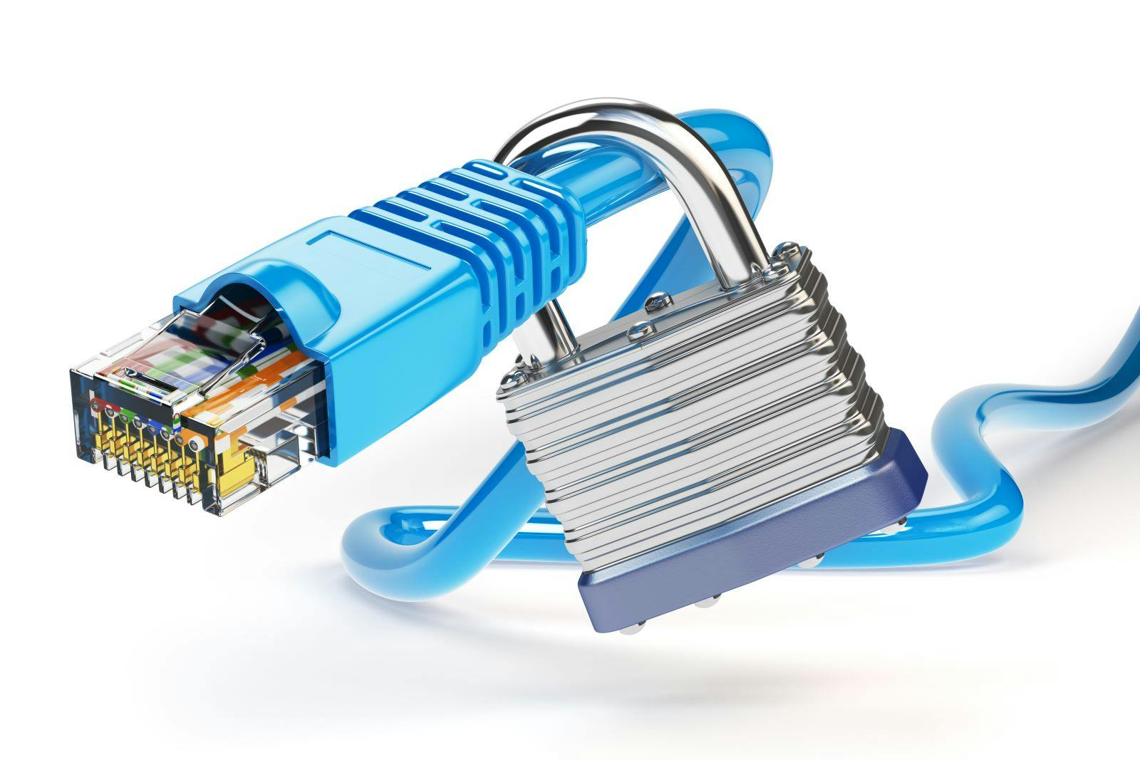 Network ethernet cable locked with padlock isolated on white background.
