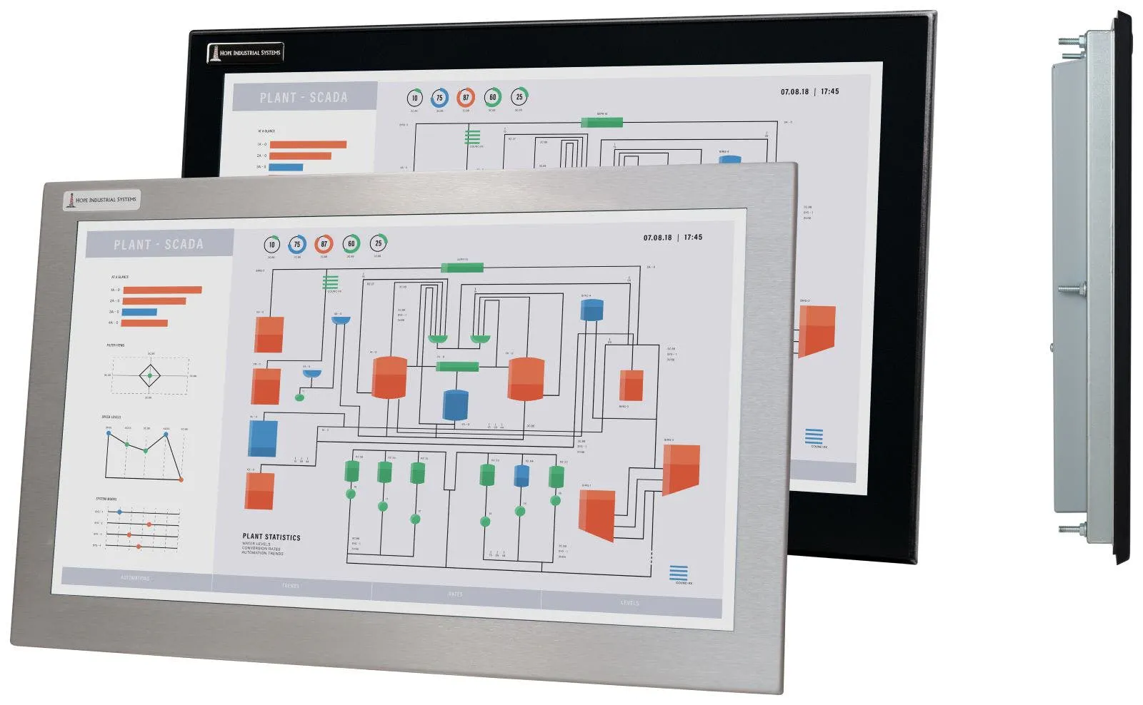Hope Industrial Systems offers both panel-mount and its Universal Mount monitors. Hope Industrial Systems offers both panel-mount and its Universal Mount monitors.