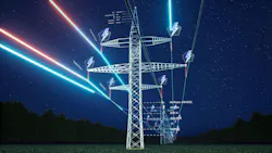 Industrial metal power tower with high voltage current flowing through wires over sky horizon, AR data. Infrastructure enabling distribution of electricity, 3d render animation timelapse Industrial metal power tower with high voltage current flowing through wires over sky horizon, AR data. Infrastructure enabling distribution of electricity, 3d render animation timelapse