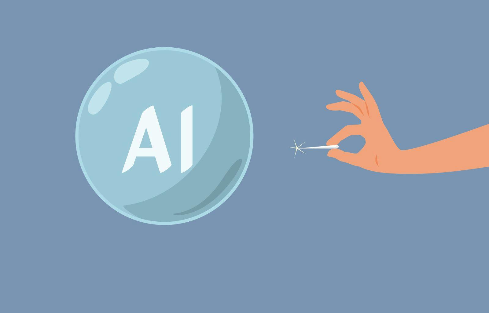 Hand Bursting AI Tech Bubble Vector Concept Illustration. Prediction of end tech hype of a controversial over promise