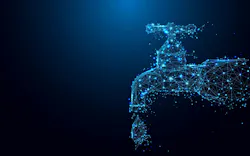 Dripping tap with drop form lines and triangles, point connecting network on blue background. Illustration vector Dripping tap with drop form lines and triangles, point connecting network on blue background. Illustration vector