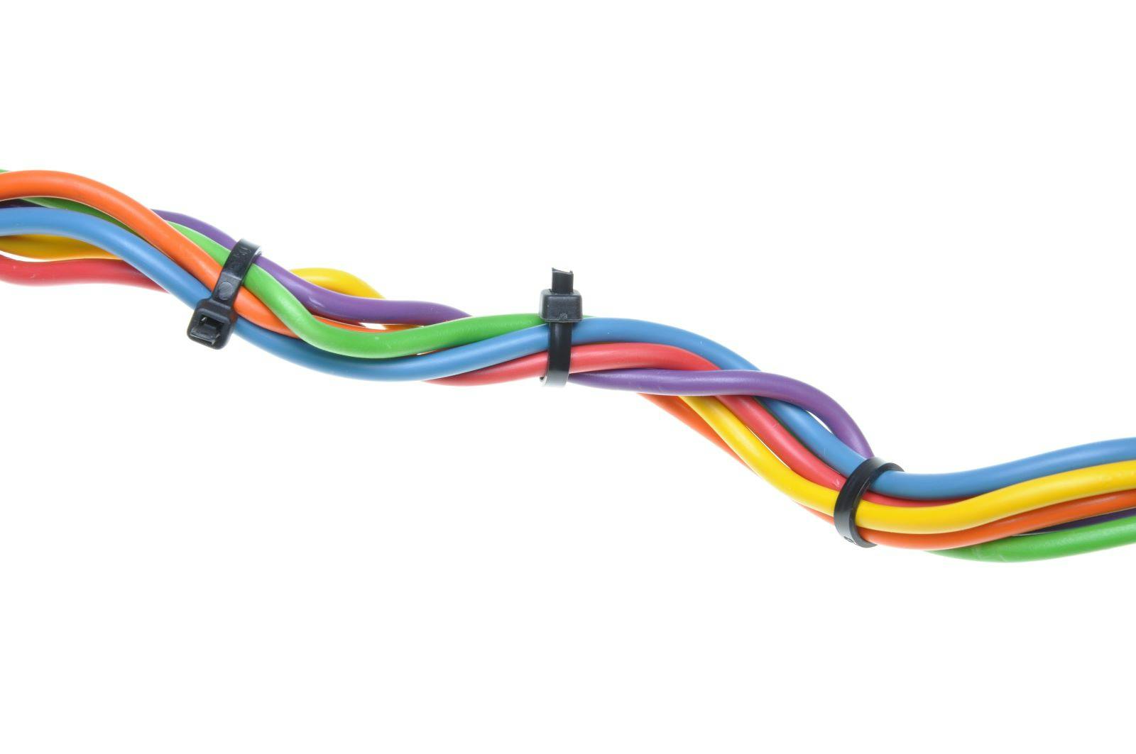 Electrical wires with cable ties isolated on white background