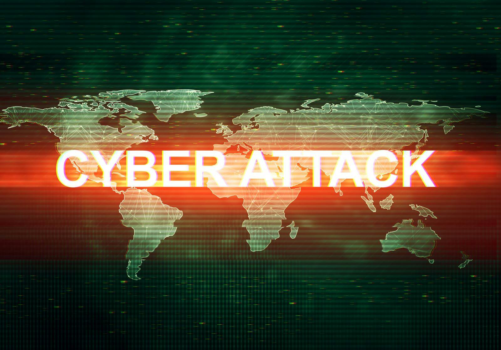 Abstract illustration of distorted dark green display screen with red light spot. Cyber attack inscription in worldwide technology interface.