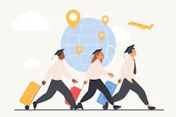 Brain drain, immigration in foreign country. Tiny graduates and students, migrants with suitcases and bags running to fly abroad to work and study, leave motherland cartoon vector illustration Brain drain, immigration in foreign country. Tiny graduates and students, migrants with suitcases and bags running to fly abroad to work and study, leave motherland cartoon vector illustration