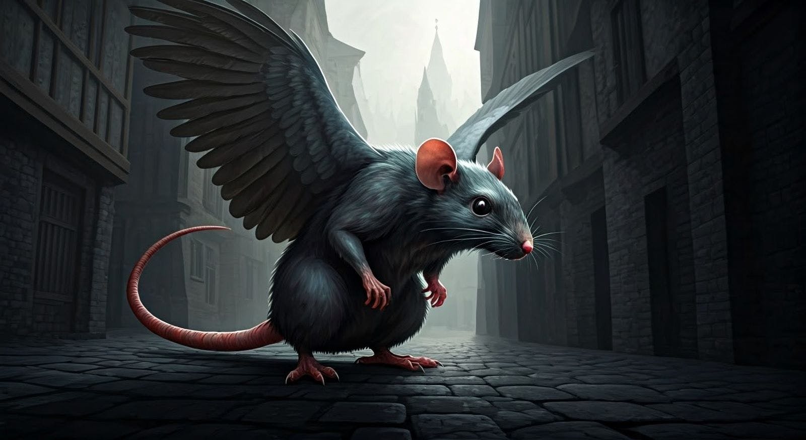 Fantasy cartoon artistic image of a monster that is a sickly black rat with the wings and tail of a pigeon in a medieval alley (AI generated)