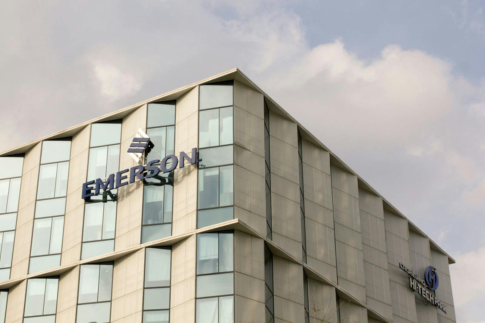 The Emerson logo is seen at Emerson Electric Shanghai Office in Caohejing Hi-Tech Park.