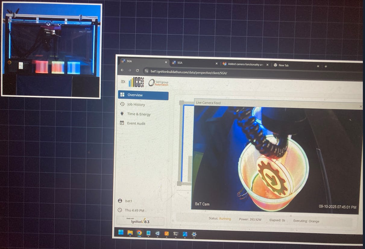 A live feed shows the three tanks in a three-color anodizing process (upper left) during the Build-a-Thon competition at Inductive Automation&rsquo;s Ignition Community Conference (ICC) 2025 in Sacramento, Calif. The onscreen HMI display by Build-a-Thon winner Safegroup Automation also shows video from an onboard camera (center) that lets users peer into and inspect the anodizing process.