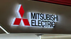 Mitsubishi Electric Corporation brand logo on a store sign. Mitsubishi Electric Corporation brand logo on a store sign.