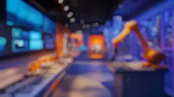 Defocused Background of Modern Industrial Workspace with Robotic Arm and Digital Displays in High-Tech Environment. Defocused Background of Modern Industrial Workspace with Robotic Arm and Digital Displays in High-Tech Environment.