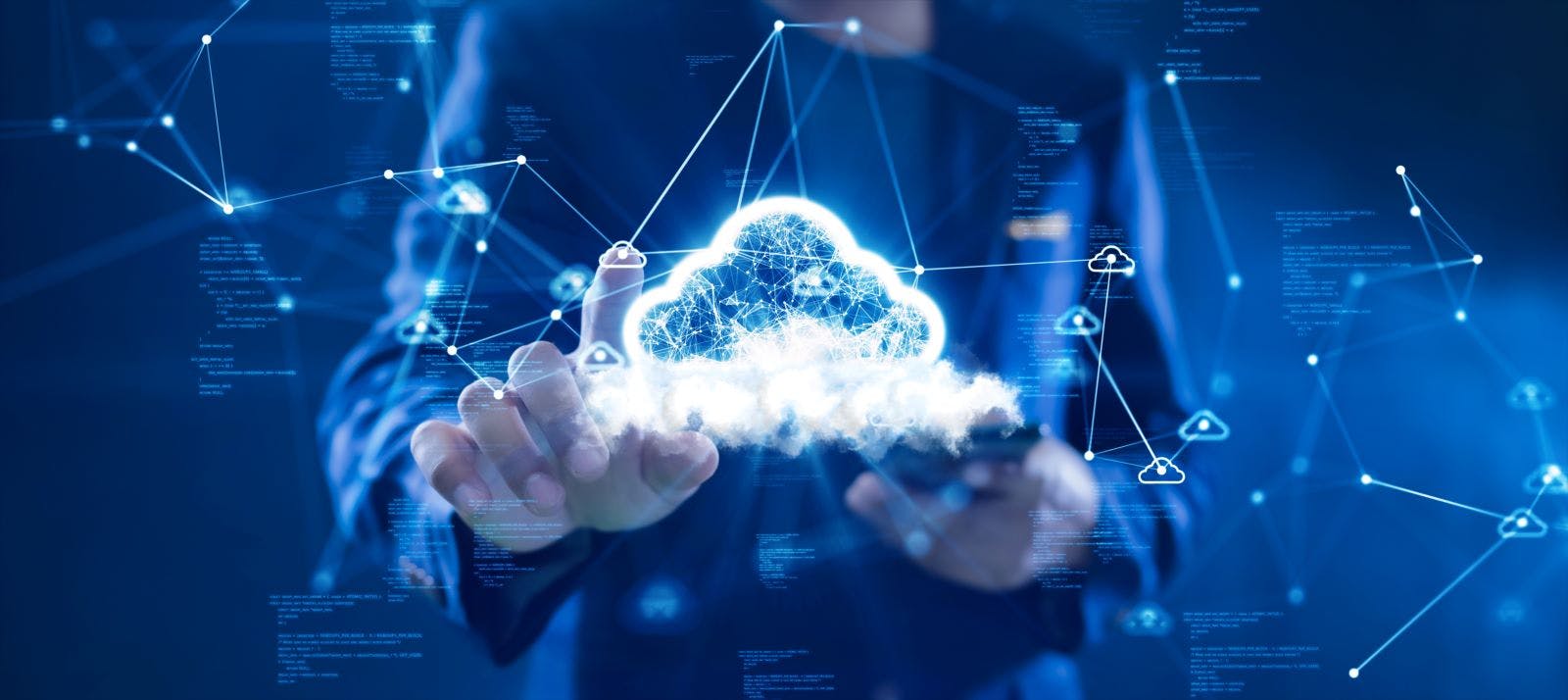 Cloud or edge computing technology concept. Businessman uses finger to click cloud icon connects data access