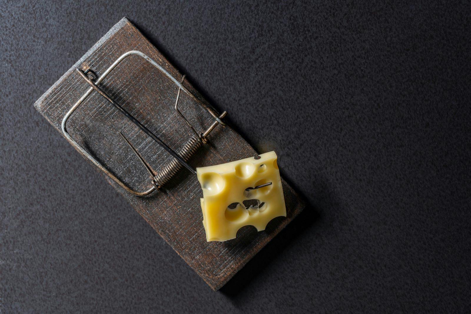 Wooden mousetrap with a piece of yellow cheese on a dark background, close up, top view.