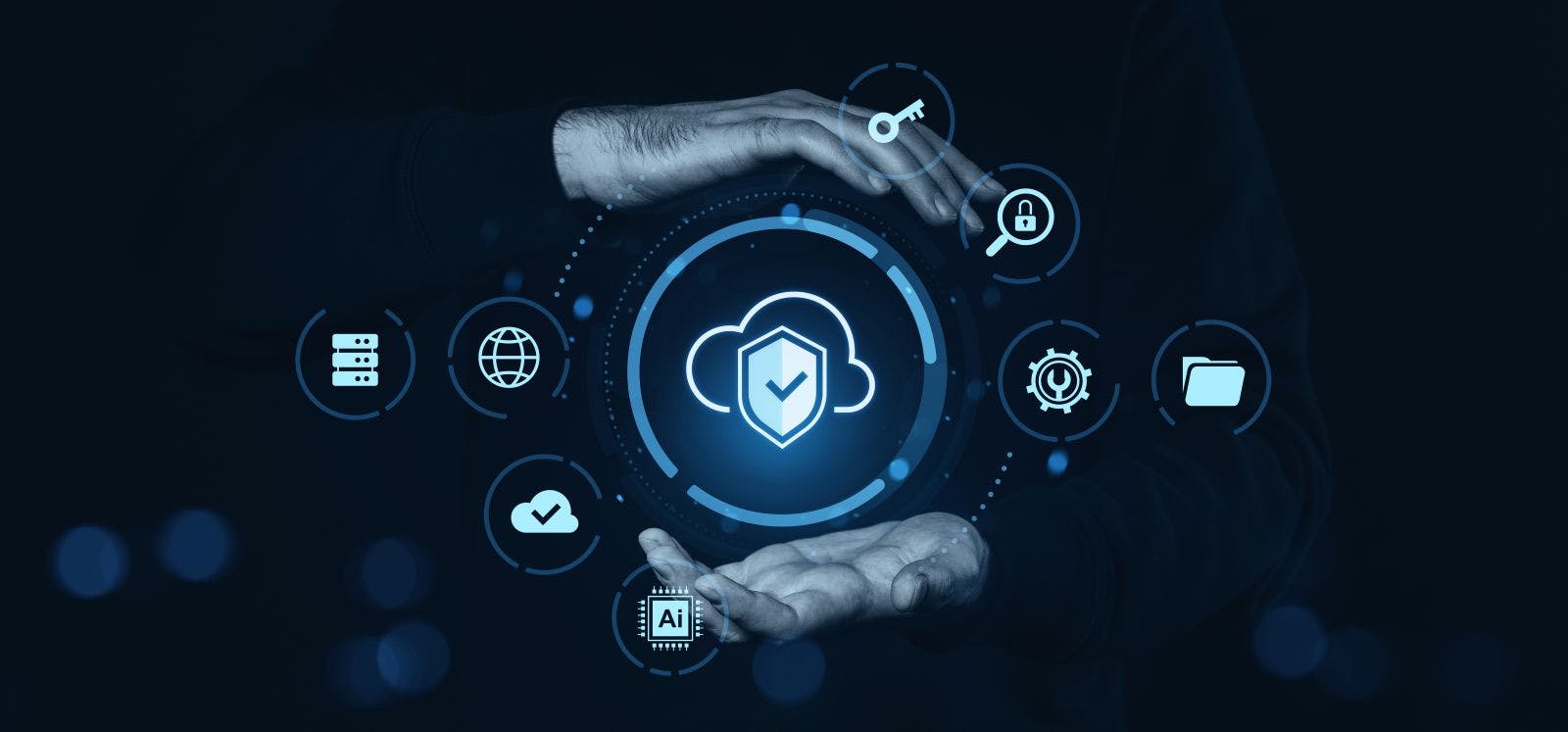Cloud security and data protection icons between two hands, futuristic digital style on dark background, concept of cybersecurity and safe storage