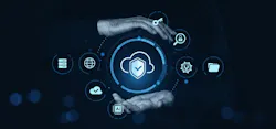 Cloud security and data protection icons between two hands, futuristic digital style on dark background, concept of cybersecurity and safe storage Cloud security and data protection icons between two hands, futuristic digital style on dark background, concept of cybersecurity and safe storage
