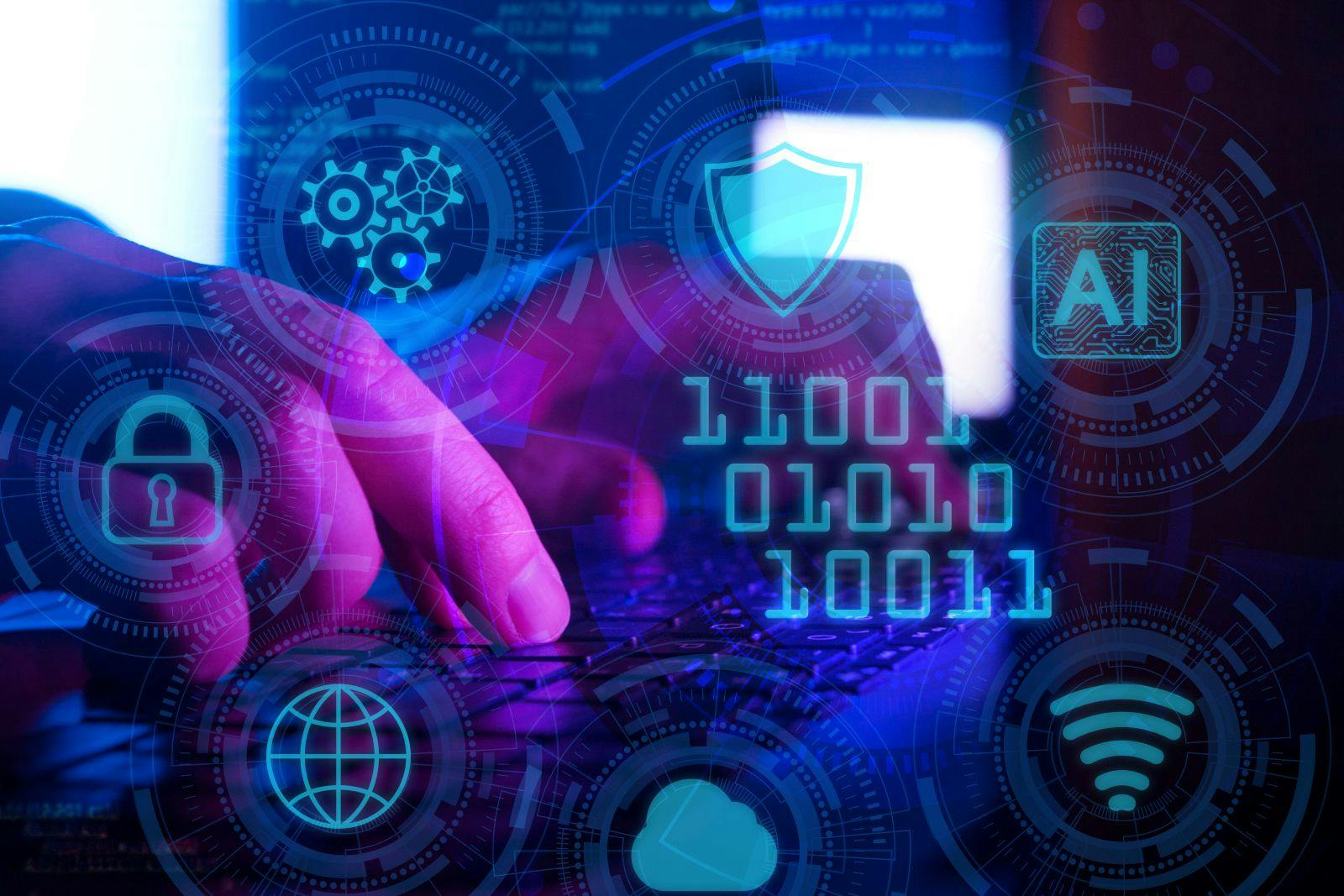 digital transformation, software development and cybersecurity concept in dark neon style, low-level programming language