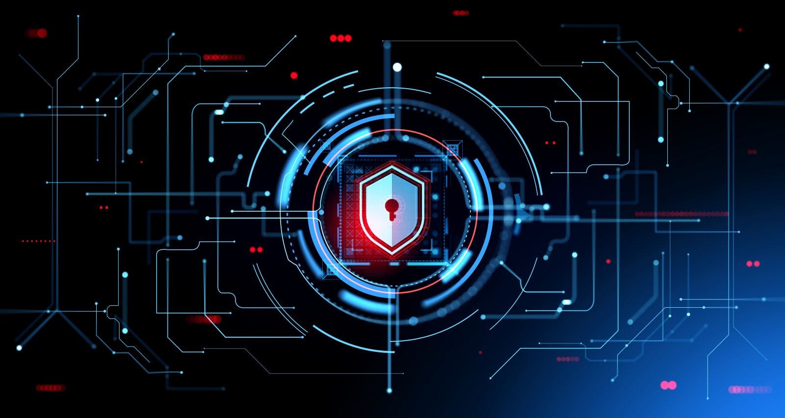 Digital cybersecurity hud hologram with glowing shield, circuit board with abstract lines. Concept of internet security and global protection. 3D rendering illustration