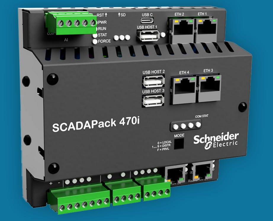 Schneider Electric's SCADAPack 470i on a blue background