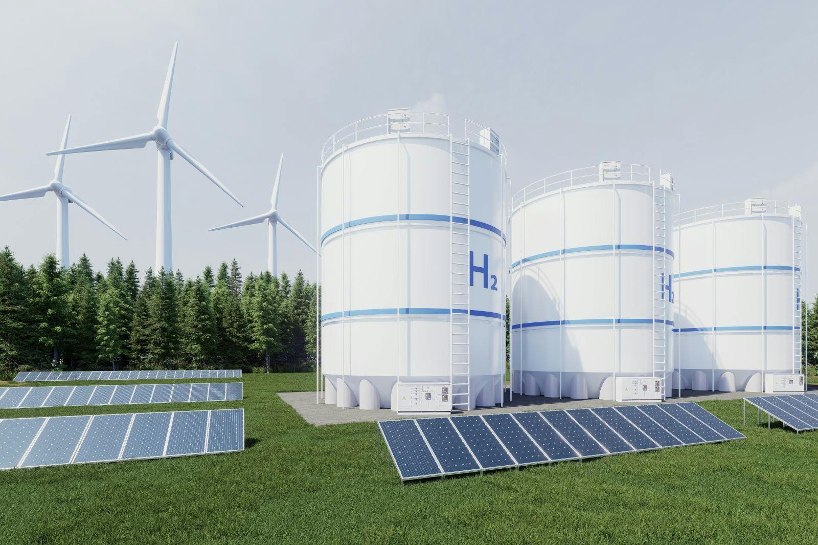 Hydrogen energy storage gas tank for clean electricity solar and wind turbine facility