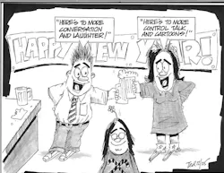 A woman and a man are in a bar with a huge 'Happy New Year' banner toasting each other with beer mugs. The man says, 'Here is to more conversation and laughter!' The woman says, 'Here is to more Control Talk and cartoons!' A woman and a man are in a bar with a huge 'Happy New Year' banner toasting each other with beer mugs. The man says, 'Here is to more conversation and laughter!' The woman says, 'Here is to more Control Talk and cartoons!'