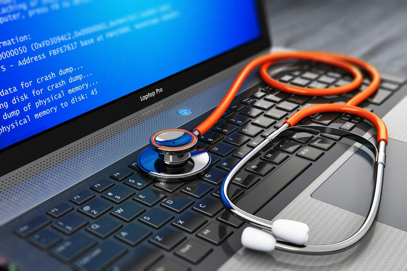 Computer bug, virus and service, repair and maintenance technology concept: 3D render of business laptop or notebook PC with error message on blue screen BSOD and red medical stethoscope on keyboard