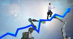 Businessman walking up the chart supported by robotic arm Businessman walking up the chart supported by robotic arm