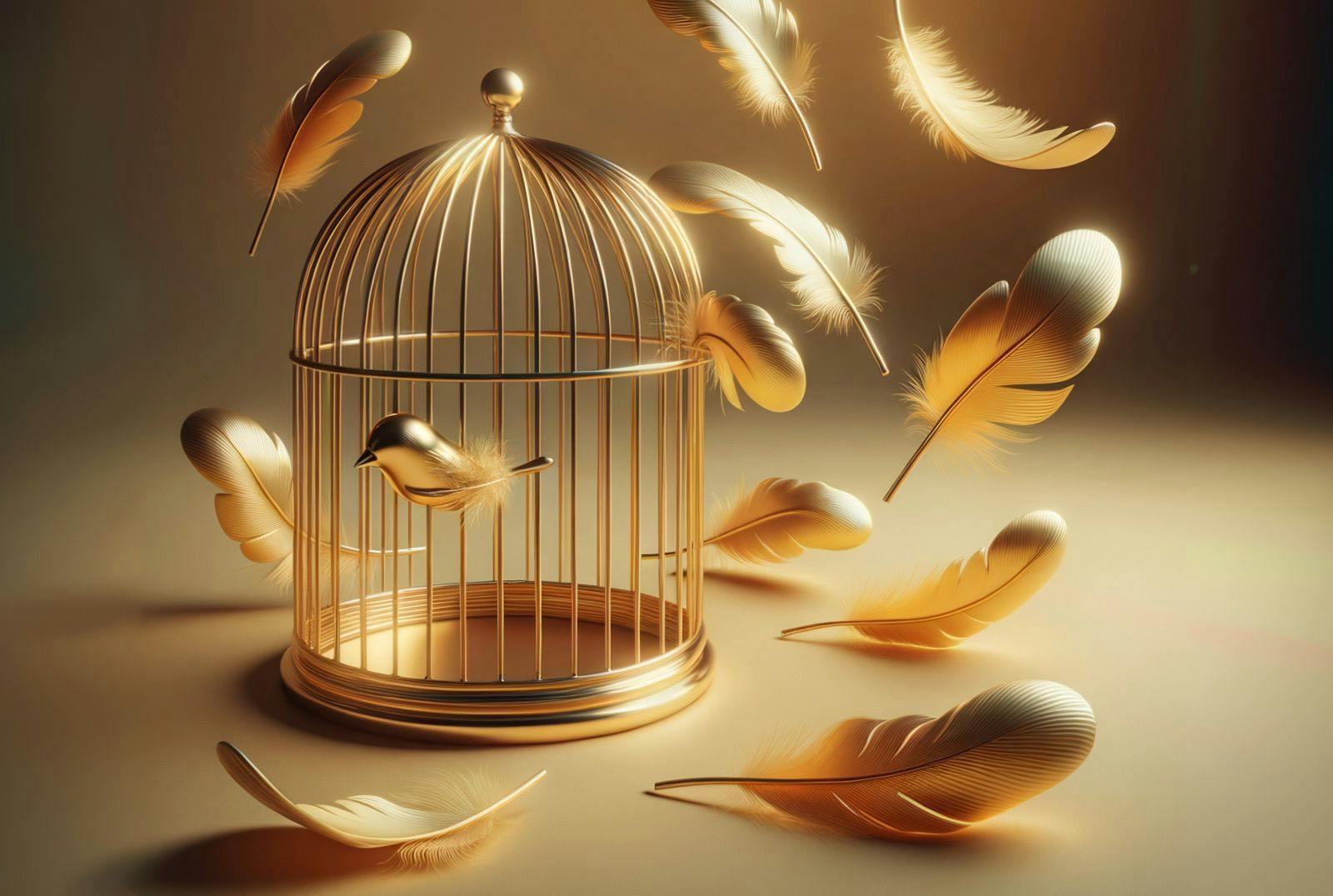 A gold bird breaking free of a gold cage surrounded by gold feathers