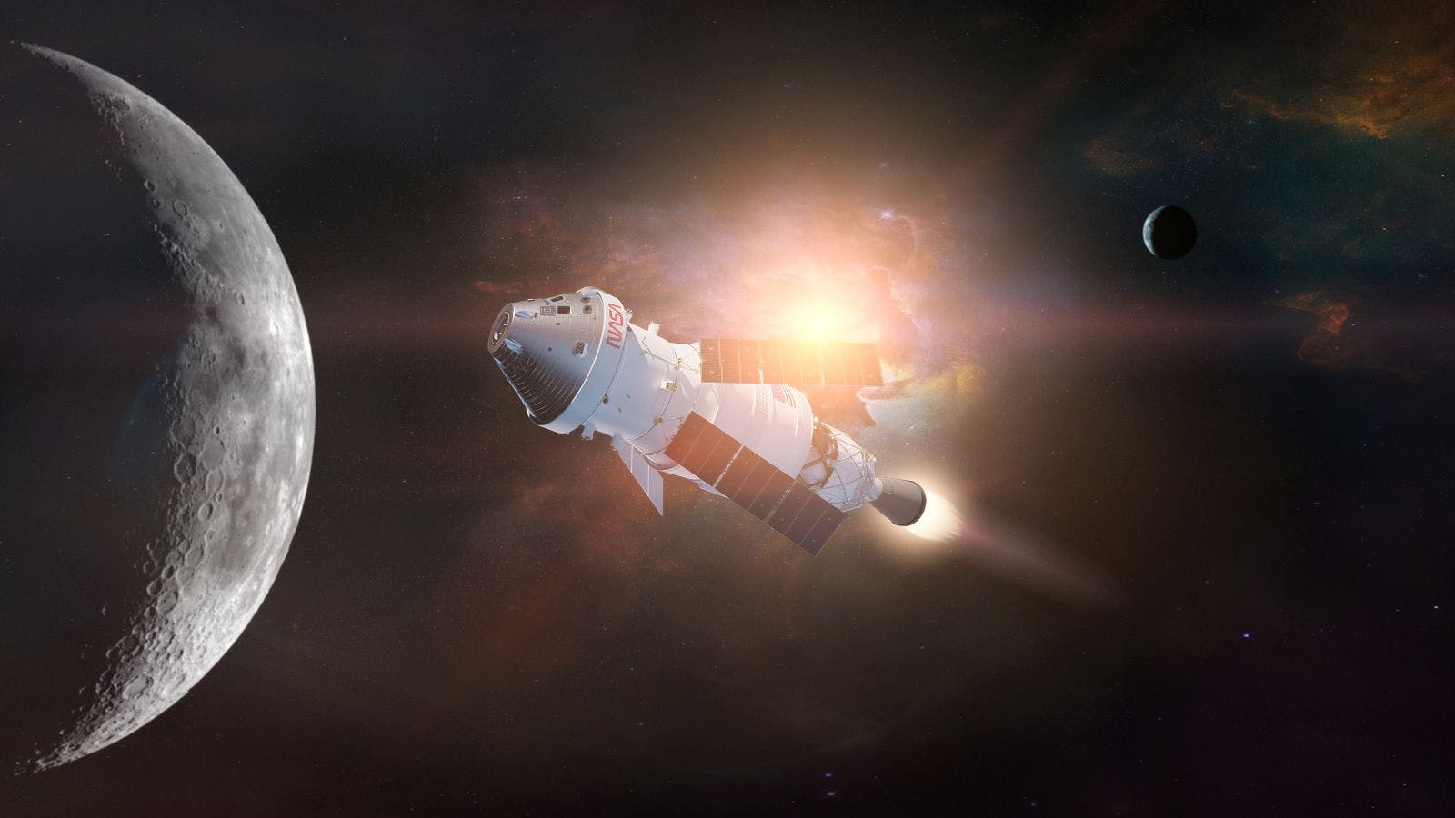 Exterior shot of NASA's Orion spacecraft orbiting the moon