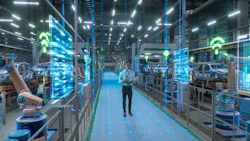 Engineer With Laptop Activates Autonomous EV Factory Digitization. Visualization Shows Robotic Arms, Assembly Line, Digital Twin Lines of Data, Computer Vision Transformation Manufacturing Technology Engineer With Laptop Activates Autonomous EV Factory Digitization. Visualization Shows Robotic Arms, Assembly Line, Digital Twin Lines of Data, Computer Vision Transformation Manufacturing Technology