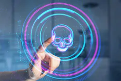 Close up of male hand pointing at creative digital round skull hologram on blurry office interior background. Close up of male hand pointing at creative digital round skull hologram on blurry office interior background.