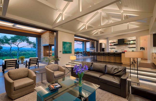 Kitchen and great room with sliding doors open to terrace remote location